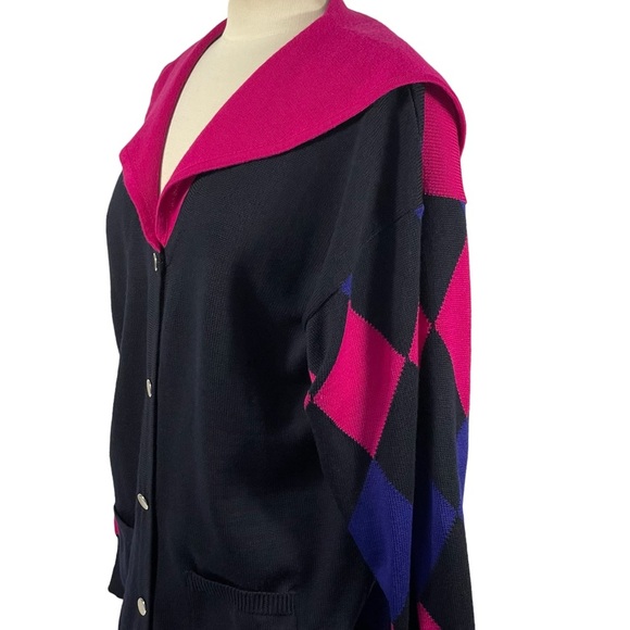 Vintage Laurel By Escada Wool Black Pink Blue Harlequin Diamond Cardigan Sz 42 - Picture 6 of 13